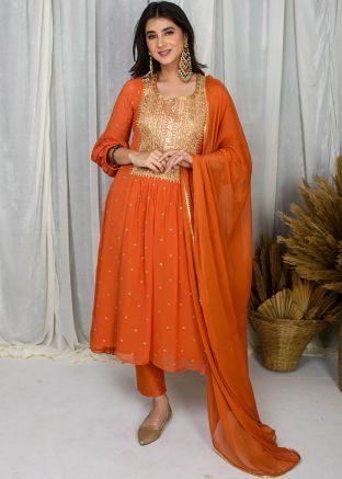 Orange Embellished Readymade Pant Suit