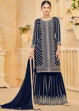 Blue Embroidered Gharara Salwar Suit Set