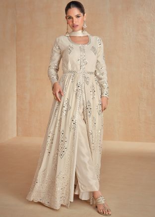 Readymade Off White Embroidered Slitted Pant Suit