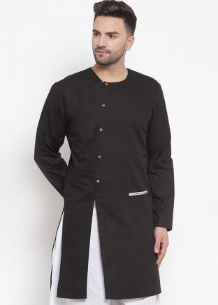 Black Slit Style Asymmetric Cotton Kurta