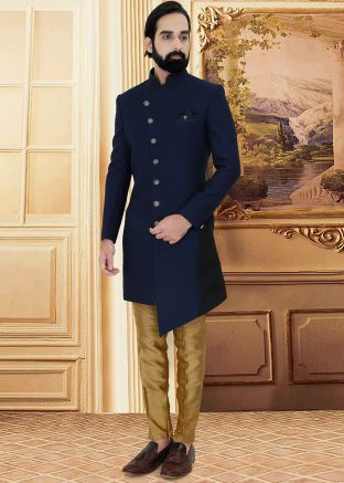Navy Blue Woven Asymmetric Sherwani With Pant