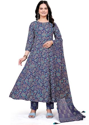 Blue Printed Salwar Suit Set In Rayon