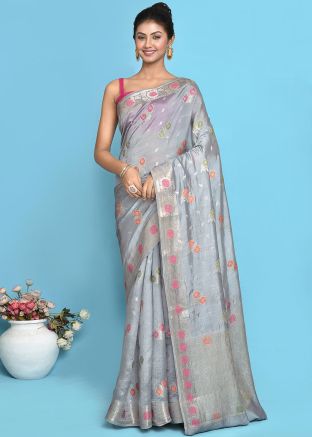 Grey Zari Woven Saree In Pure Silk