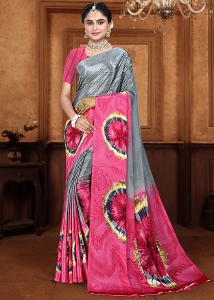 Grey & Pink Tie-Dye Print Saree In Crape