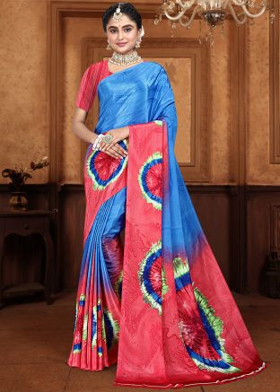 Blue & Red Tie-Dye Print Saree In Crape