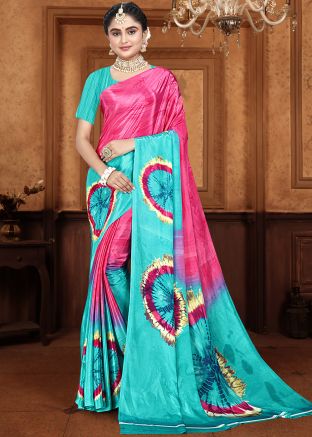 Pink & Blue Tie-Dye Print Saree In Crape