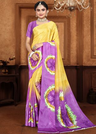 Yellow & Purple Tie-Dye Print Saree In Crape