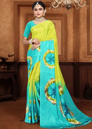 Green & Turquoise Tie-Dye Print Saree In Crape