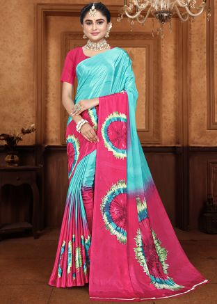Blue & Pink Tie-Dye Print Saree In Crape
