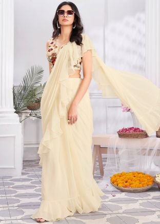 Cream Readymade Ruffled Saree In Satin Silk