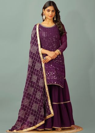 Purple Embellished Readymade Sharara Suit