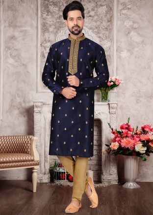 Blue Readymade Embroidered Kurta Pajama In Silk