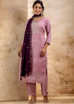 Pink Embroidered Art Silk Salwar Suit Set