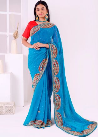 Blue Stone Embellished Saree In Georgette