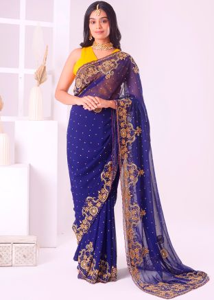 Dark Blue Stone Embellished Saree In Georgette