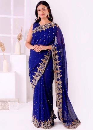 Royal Blue Embroidered Georgette Saree