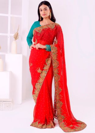 Red Embroidered Georgette Saree With Blouse