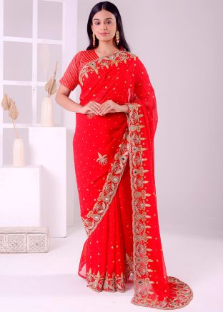 Red Embellished Saree In Georgette
