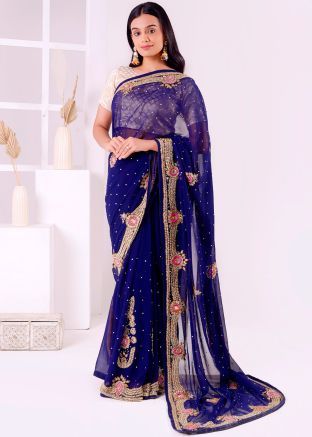 Midnight Blue Embroidered Border Saree