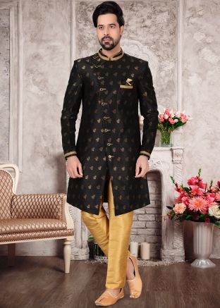 Black Angrakha Style Readymade Sherwani In Jacquard