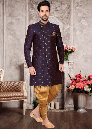 Blue Embroidered Readymade Sherwani & Pain Dhoti