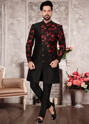 Black Readymade Jacquard Sherwani With Floral Print