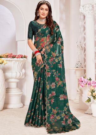Bottle Green Floral Printed Organza Saree