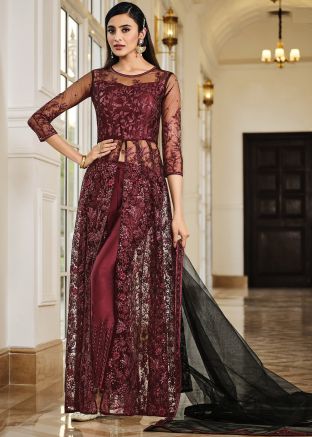 Maroon Net Embellished Slitted Pant Suit
