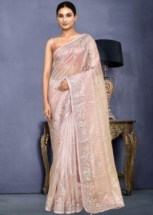 Pink Embroidered Saree In Jacquard
