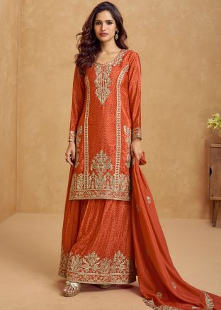 Readymade Bandhej Print Orange Palazzo Suit