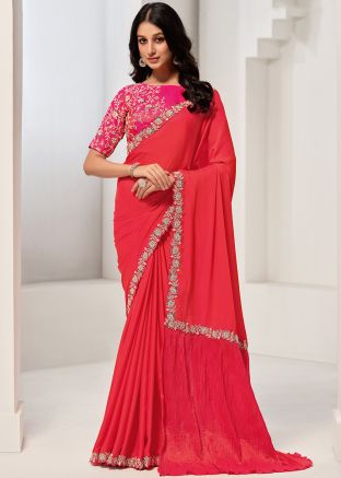 Red Embroidered Saree In Satin