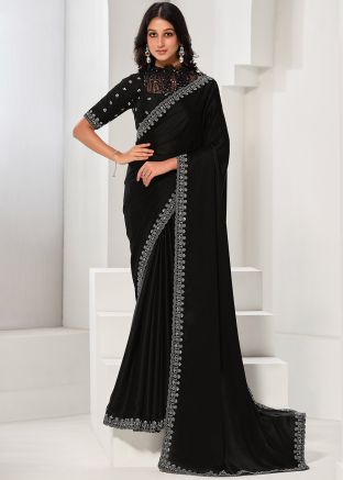 Black Satin Saree In Embroidery
