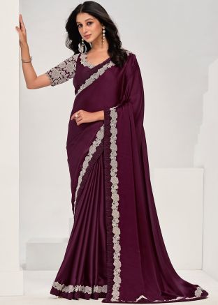 Wine Satin Embroidered Saree