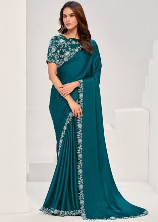 Teal Blue Embroidered Saree In Satin