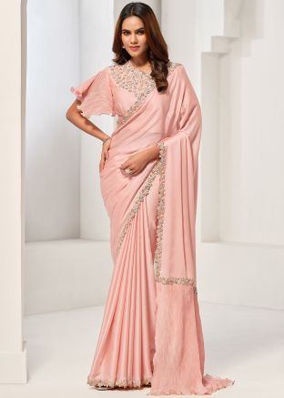 Peach Satin Saree In Embroidery