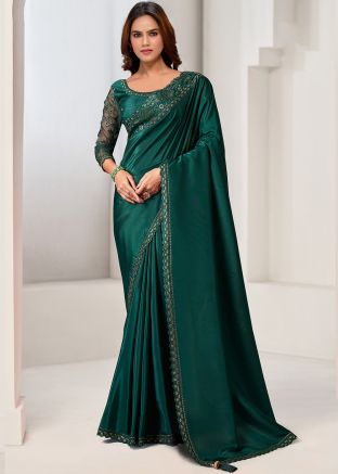 Green Satin Silk Saree In Embroidery