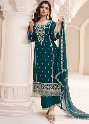 Teal Blue Embroidered Chiffon Pant Suit