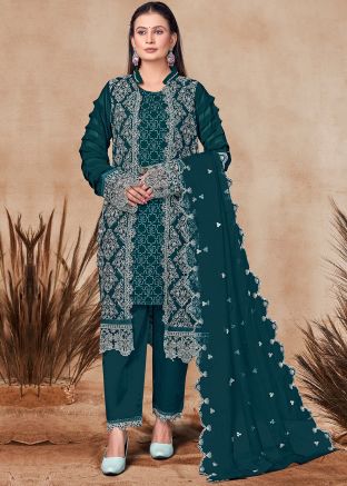 Readymade Teal Blue Embroidered Jacket Style Pant Suit