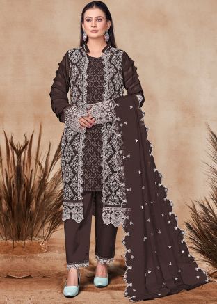 Brown Readymade Jacket Style Embroidered Pant Suit