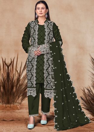 Green Readymade Jacket Style Embroidered Pant Suit