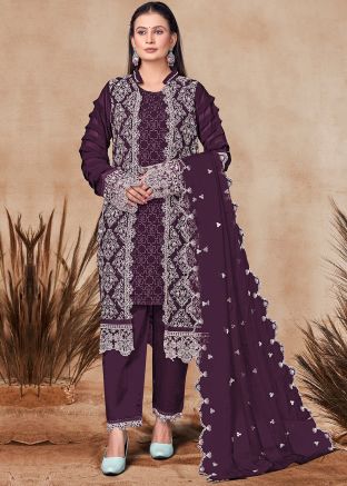 Readymade Purple Embroidered Jacket Style Pant Suit