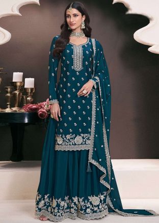  Teal Blue Embroidered Palazzo Suit In Chiffon