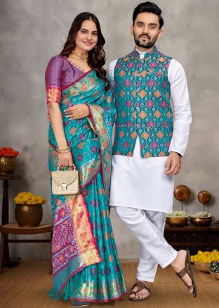 Teal Blue Zari Woven Readymade Couple Combo Set