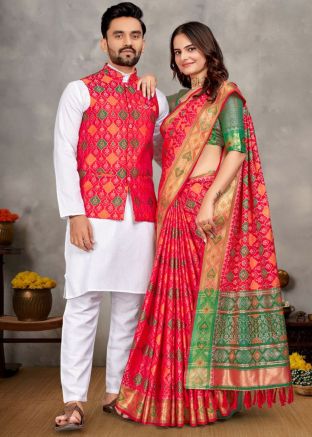 Red Zari Woven Readymade Couple Combo Set