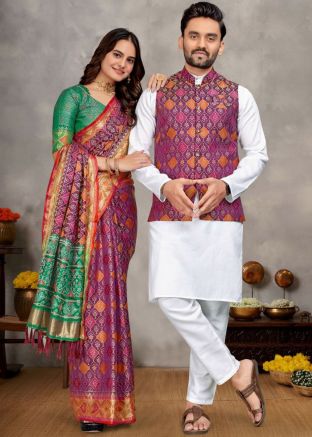 Magenta Zari Woven Readymade Couple Wear Set