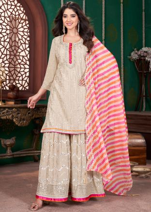 Readymade Beige Embroidered Gharara Suit Set