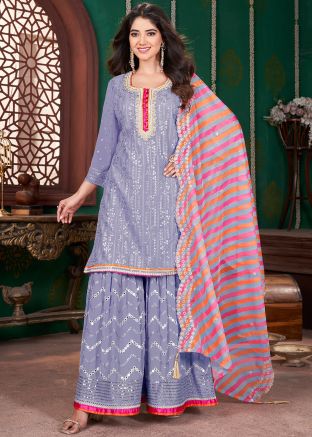 Lavender Readymade Embroidered Gharara Suit