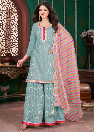 Turquoise Readymade Embroidered Gharara Suit