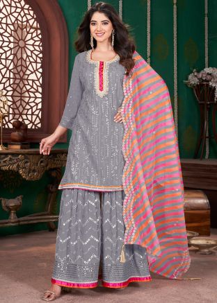 Grey Readymade Embroidered Gharara Suit