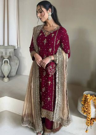 Readymade Maroon Embroidered Pant Suit Set